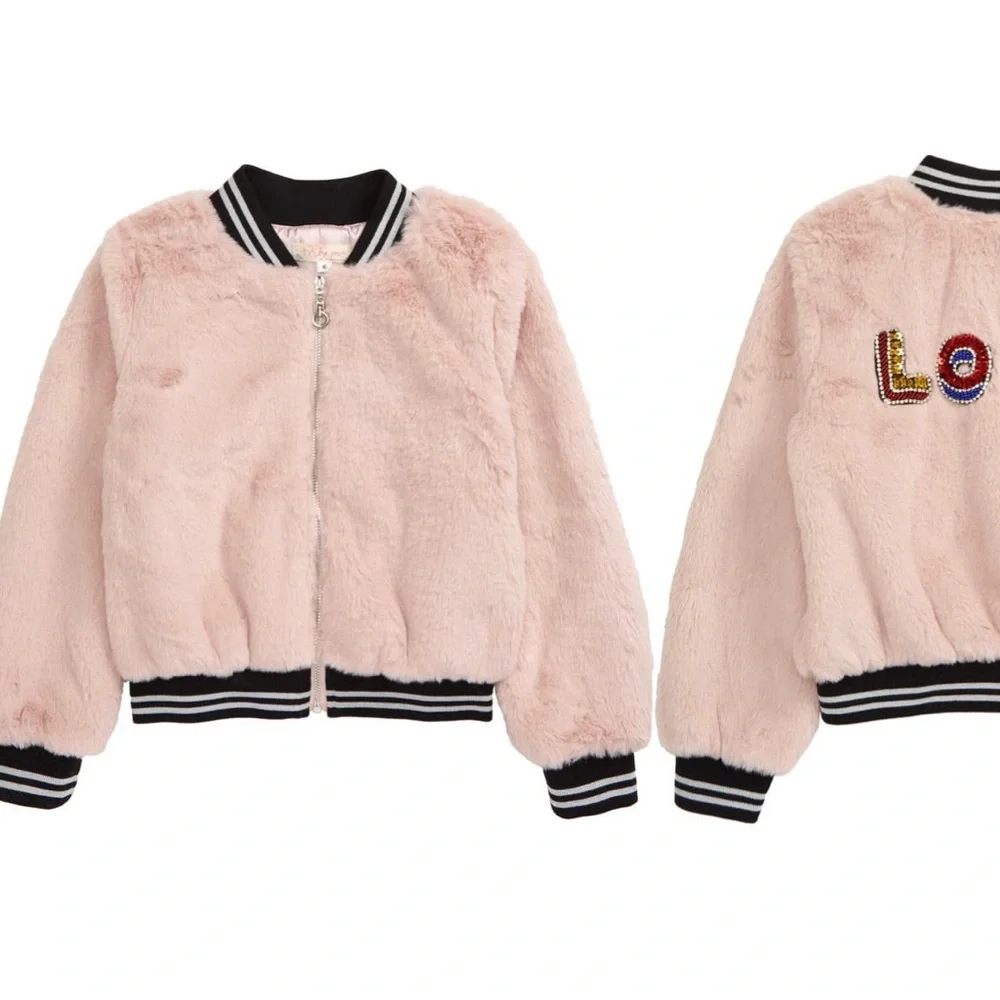 Truly Me Toddler Girls Fur Bomber Jacket with love appliqué sequin letters!